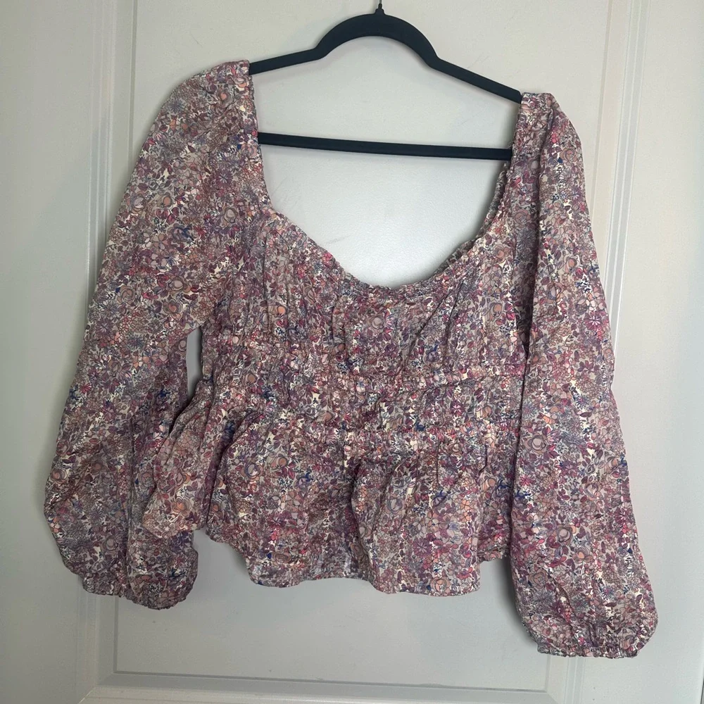 NEW J.Crew x Liberty Cotton Micro Floral Cinch Waist Puff Sleeve Crop Top, L